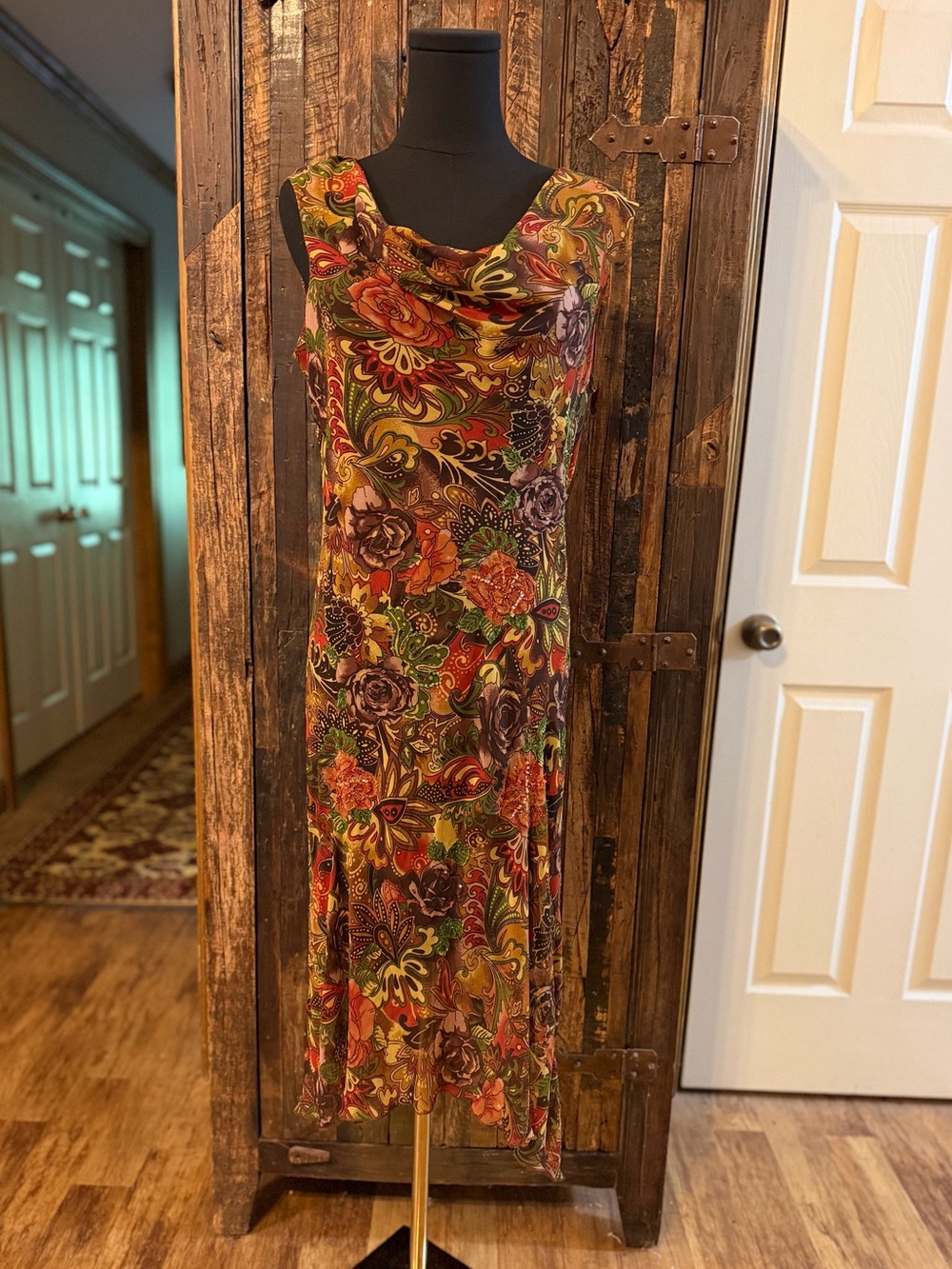 Cato Y2K Floral Paisley Beaded Cowl Neck Midi Dress 12 Boho hi-low